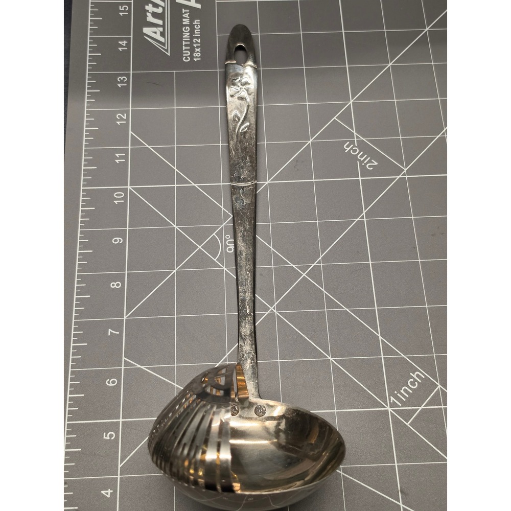 Stainless Steel 18-10 Slotted Soup Ladle Floral Embossed Handle 10.5 Inch